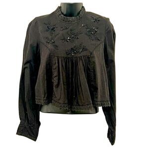 Urban Outfitters UO Boho Black Beaded Sequin Embroidered Long Sleeve Crop Top S
